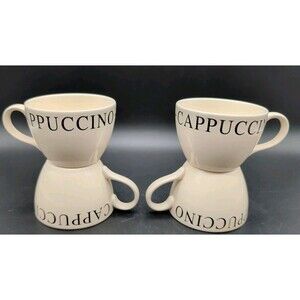 4 Vtg Cappuccino Mugs Text Word Thailand Ivory Black Text